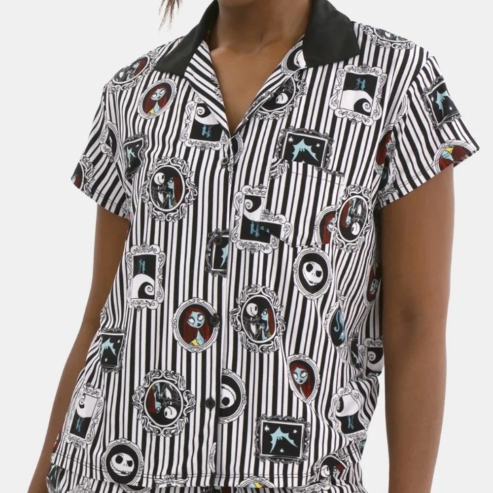 Nightmare Before Christmas Black White Striped Soft Pajama Top Printed L Large